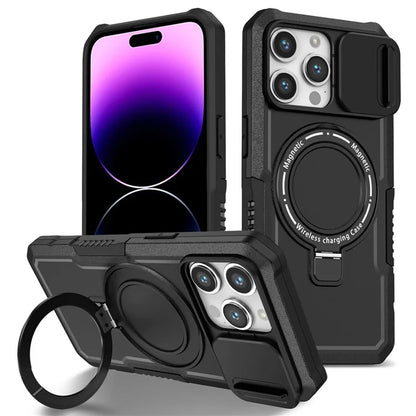 For iPhone 14 Pro Case Kickstand Magnetic Phone Cover with Sliding Lens Lid