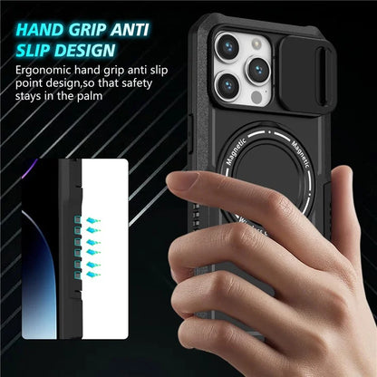For iPhone 14 Pro Case Kickstand Magnetic Phone Cover with Sliding Lens Lid