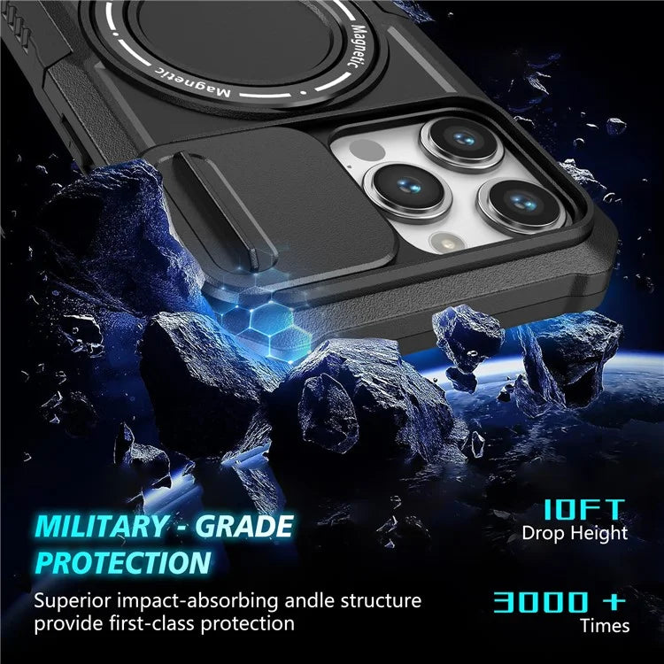 For iPhone 14 Pro Case Kickstand Magnetic Phone Cover with Sliding Lens Lid