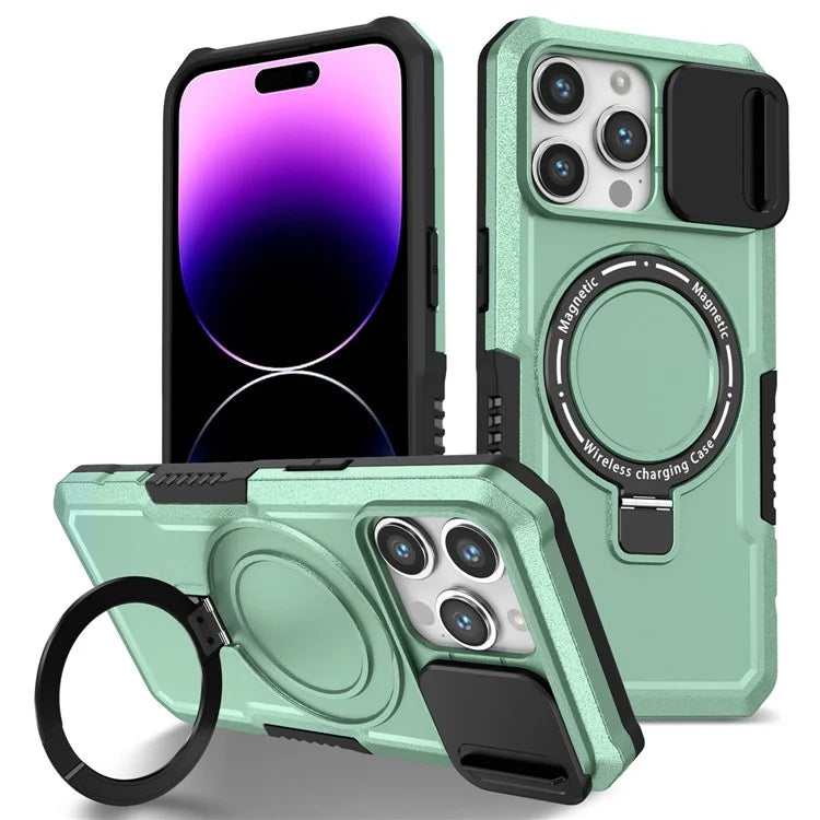 For iPhone 14 Pro Case Kickstand Magnetic Phone Cover with Sliding Lens Lid