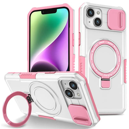 For iPhone 14 Case Kickstand Magnetic Phone Protector with Sliding Lens Cover