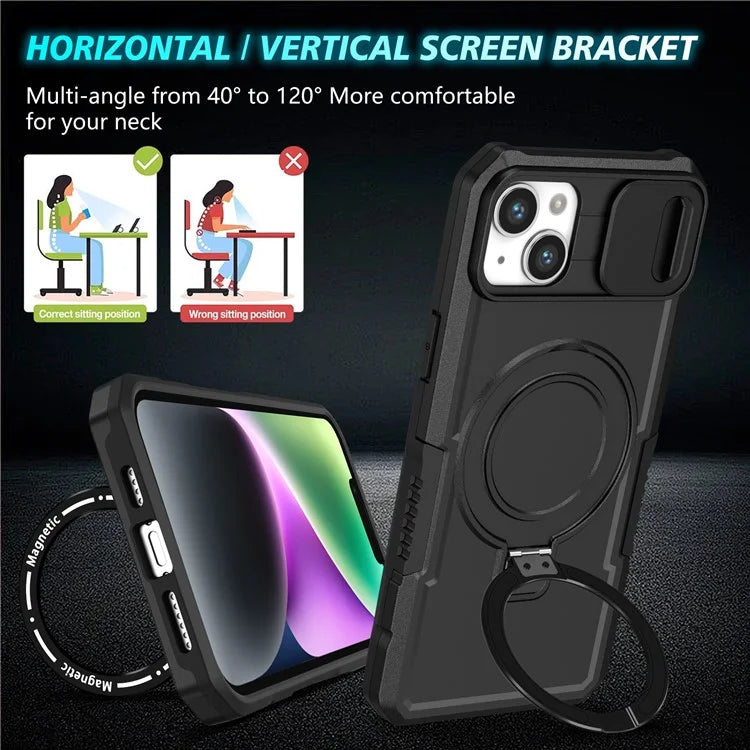 For iPhone 14 Plus Case with Sliding Camera Cover Kickstand Magnetic Phone Shell