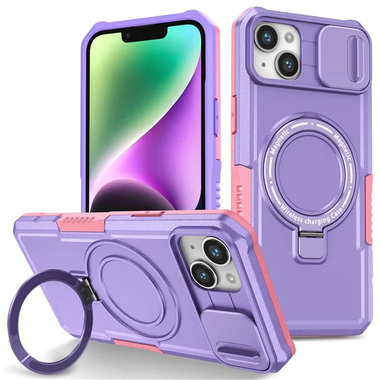 For iPhone 14 Plus Case with Sliding Camera Cover Kickstand Magnetic Phone Shell