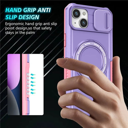 For iPhone 14 Plus Case with Sliding Camera Cover Kickstand Magnetic Phone Shell
