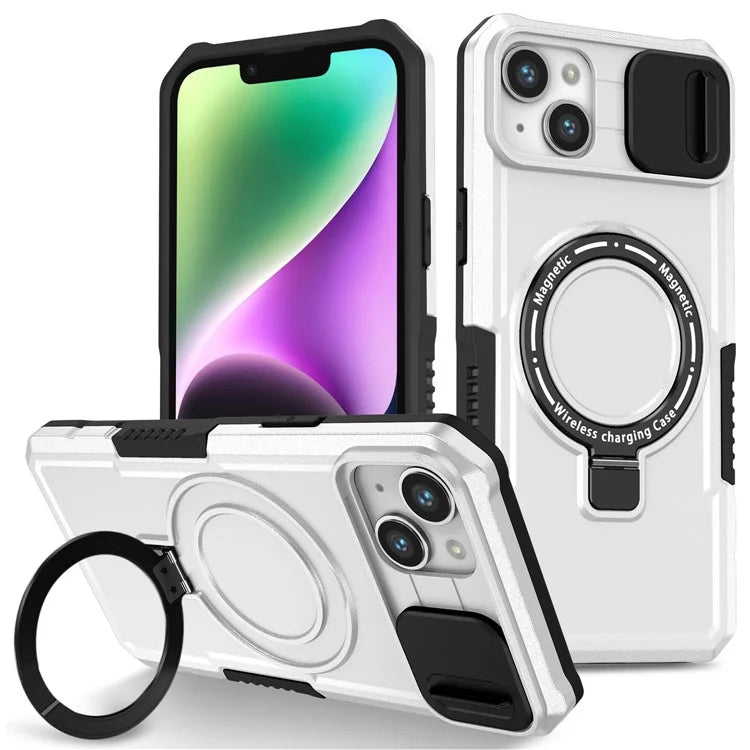 For iPhone 14 Plus Case with Sliding Camera Cover Kickstand Magnetic Phone Shell / White