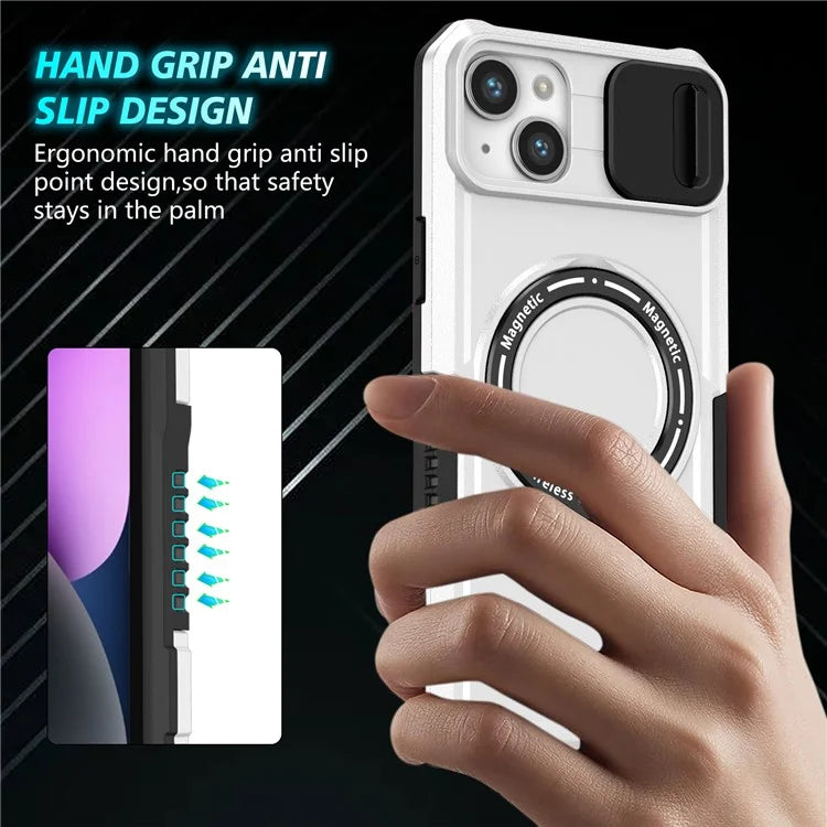 For iPhone 14 Plus Case with Sliding Camera Cover Kickstand Magnetic Phone Shell / White