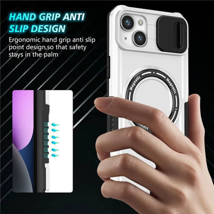 For iPhone 14 Plus Case with Sliding Camera Cover Kickstand Magnetic Phone Shell / White