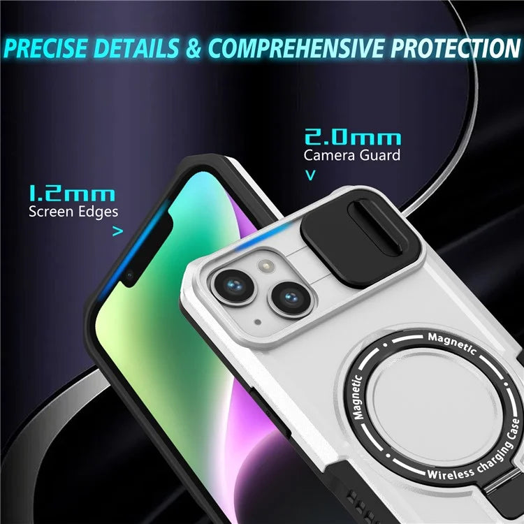 For iPhone 14 Plus Case with Sliding Camera Cover Kickstand Magnetic Phone Shell / White