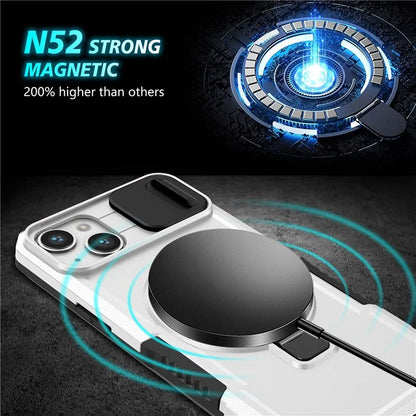 For iPhone 14 Plus Case with Sliding Camera Cover Kickstand Magnetic Phone Shell / White