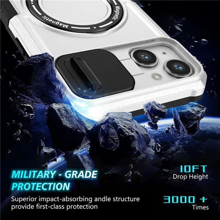 For iPhone 14 Plus Case with Sliding Camera Cover Kickstand Magnetic Phone Shell / White