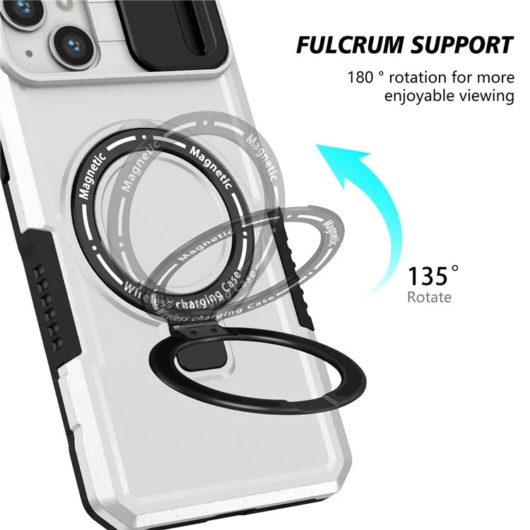For iPhone 14 Plus Case with Sliding Camera Cover Kickstand Magnetic Phone Shell / White
