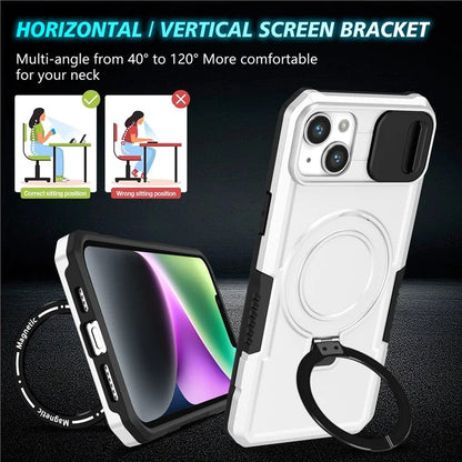 For iPhone 14 Plus Case with Sliding Camera Cover Kickstand Magnetic Phone Shell / White