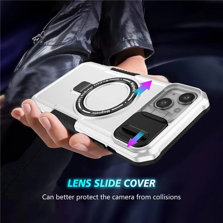 For iPhone 14 Plus Case with Sliding Camera Cover Kickstand Magnetic Phone Shell / White