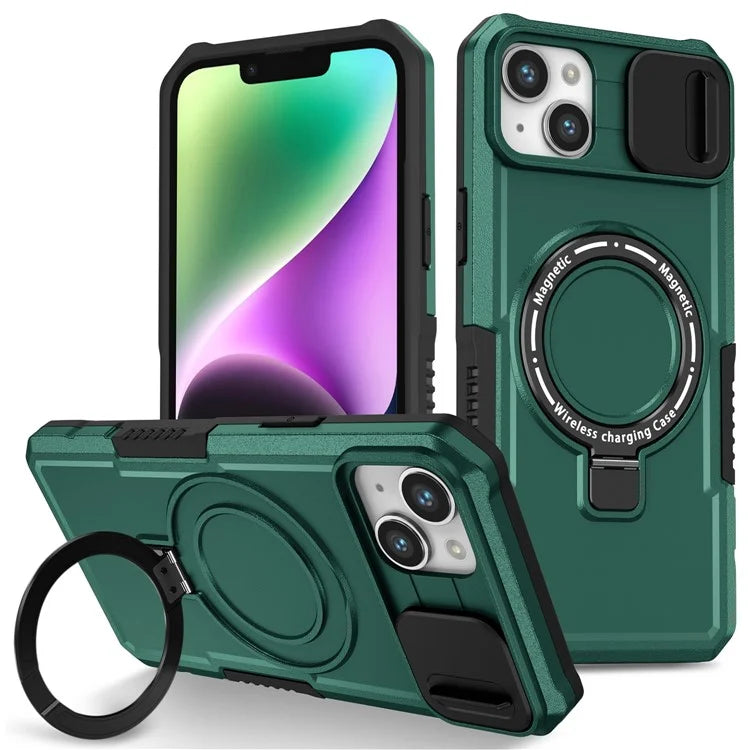 For iPhone 14 Plus Case with Sliding Camera Cover Kickstand Magnetic Phone Shellish Green