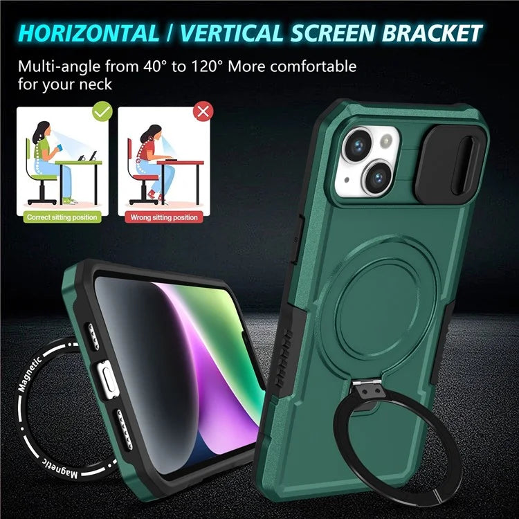 For iPhone 14 Plus Case with Sliding Camera Cover Kickstand Magnetic Phone Shellish Green