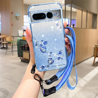 KADEM For Google Pixel 7 Pro 5G Case Anti-scratch Cell Phone Glitter TPU Cover with Strap