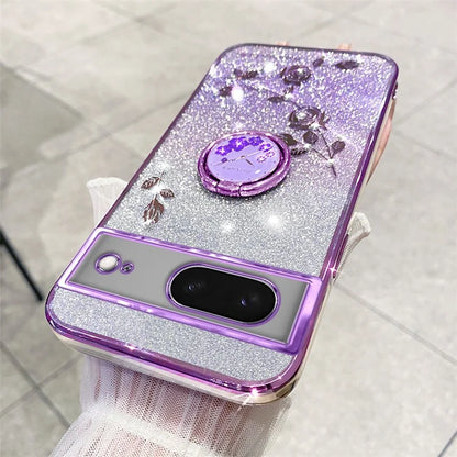 KADEM For Google Pixel 8 Cover Ring Kickstand Glitter Rhinestone TPU Phone Case