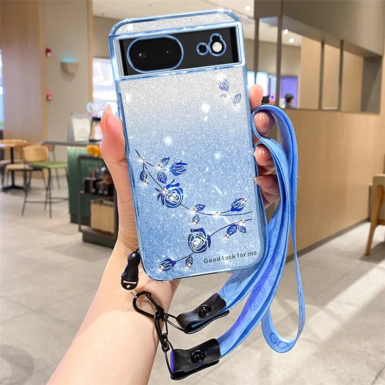 KADEM For Google Pixel 6 Case Glitter Luxury Flower Decor Phone Cover with Strap