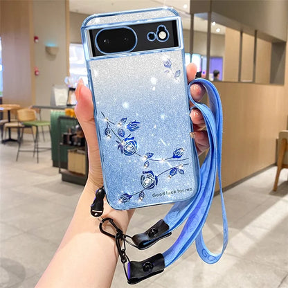KADEM For Google Pixel 6 Case Glitter Luxury Flower Decor Phone Cover with Strap
