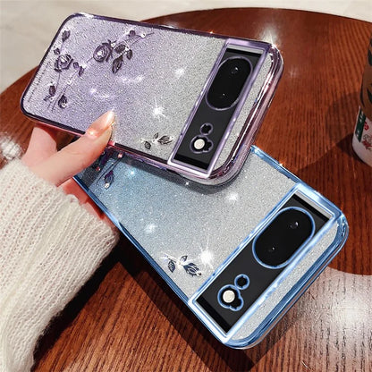 KADEM For Google Pixel 6 Case Glitter Luxury Flower Decor Phone Cover with Strap