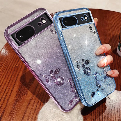 KADEM For Google Pixel 6 Case Glitter Luxury Flower Decor Phone Cover with Strap