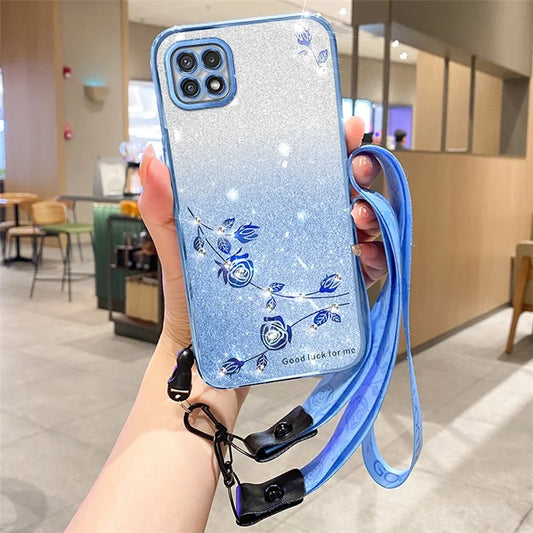 KADEM For Samsung Galaxy A22 5G (EU Version) Case TPU Flower Glitter Phone Cover with Strap