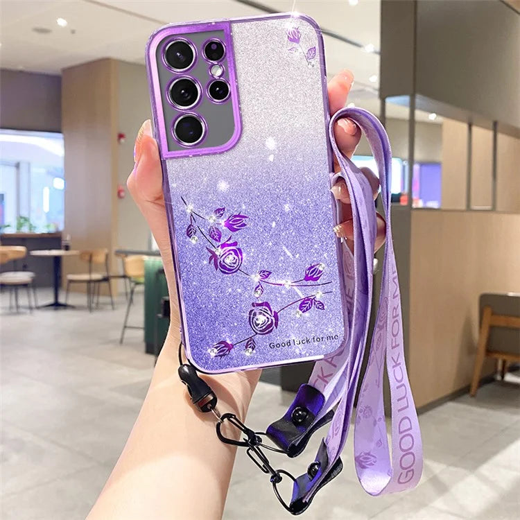 KADEM For Samsung Galaxy S21 Ultra 5G TPU Case Rhinestone Phone Cover with Strap