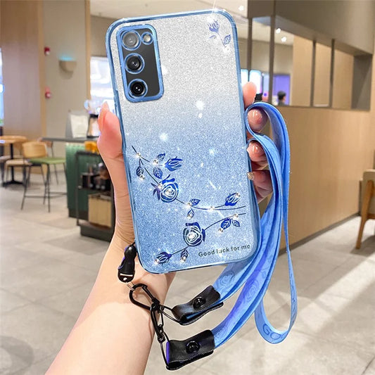 KADEM For Samsung Galaxy S20 FE 4G / FE 5G / S20 Lite / S20 FE 2022 Case Glitter TPU Flower Decor Phone Cover with Strap