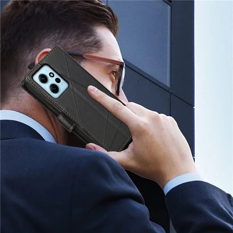 DF-06 For Xiaomi Redmi Note 12 4G Case Lines Imprinted Leather Phone Flip Stand Cover
