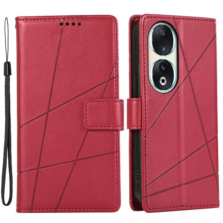 DF-06 For Honor 90 Case Lines Imprinted Wallet Stand PU Leather+TPU Phone Cover