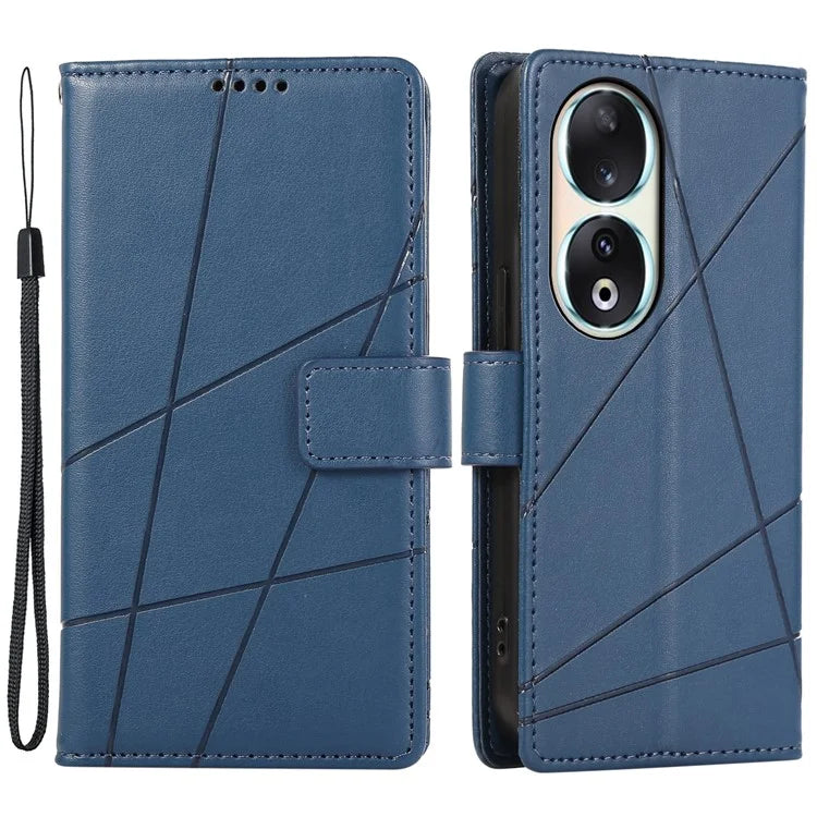 DF-06 For Honor 90 Case Lines Imprinted Wallet Stand PU Leather+TPU Phone Cover