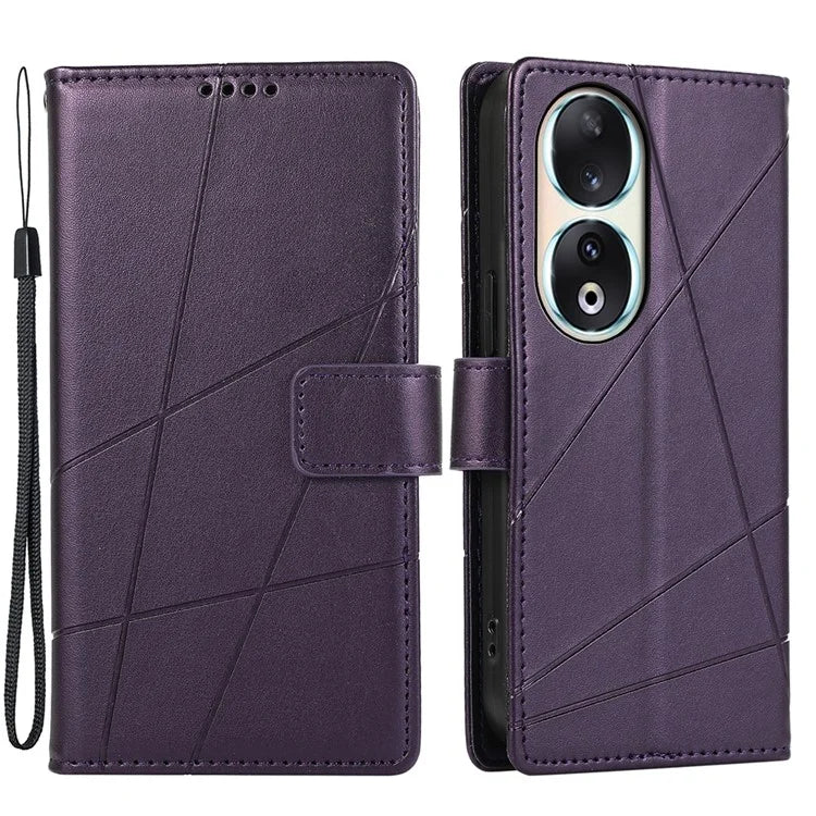 DF-06 For Honor 90 Case Lines Imprinted Wallet Stand PU Leather+TPU Phone Cover