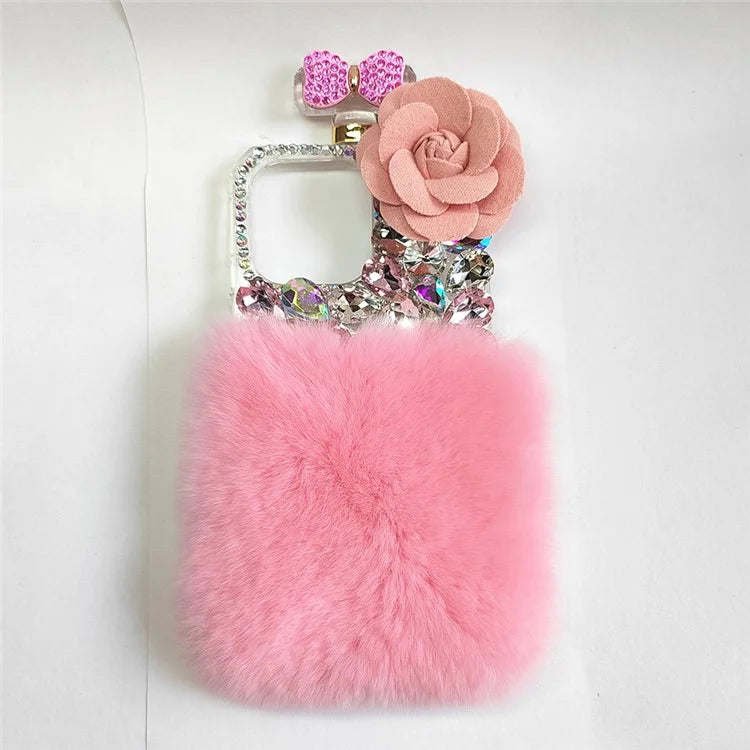 For iPhone 15 Plus Soft Plush + PC Phone Cover Case with Rhinestone Decor