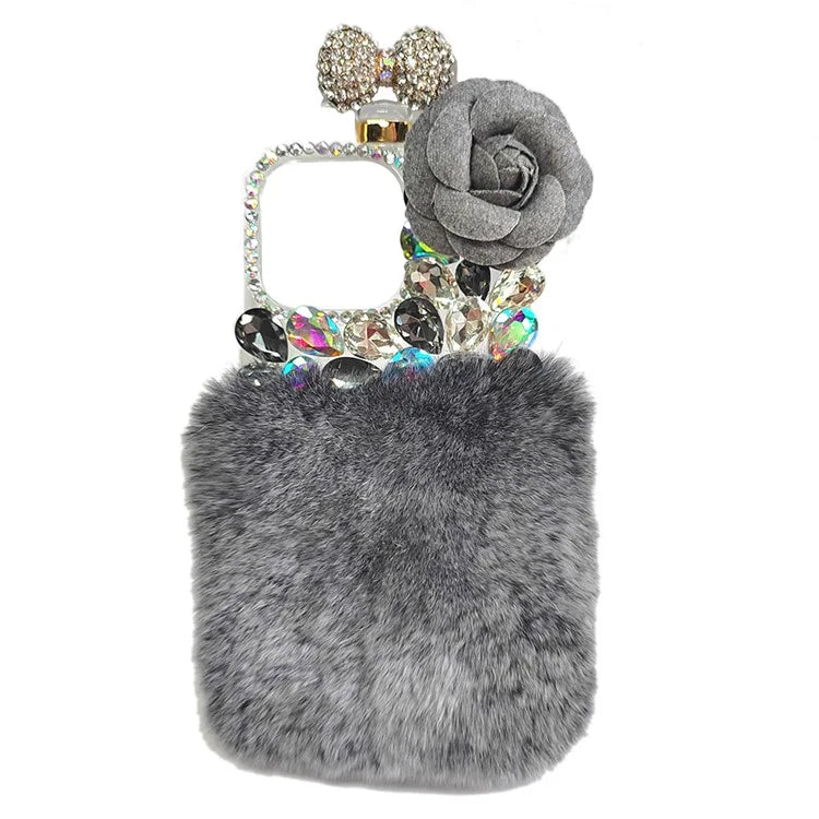For iPhone 15 Plus Soft Plush + PC Phone Cover Case with Rhinestone Decor