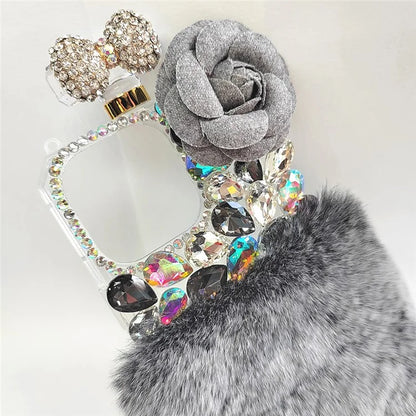 For iPhone 15 Plus Soft Plush + PC Phone Cover Case with Rhinestone Decor