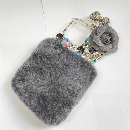 For iPhone 15 Plus Soft Plush + PC Phone Cover Case with Rhinestone Decor