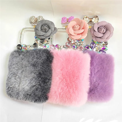 For iPhone 15 Plus Soft Plush + PC Phone Cover Case with Rhinestone Decor