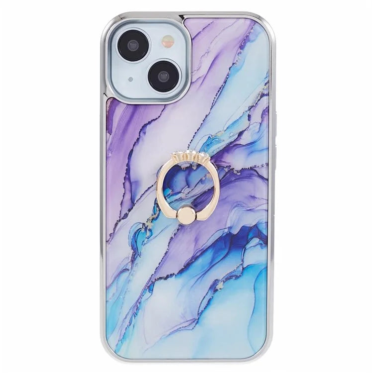 For iPhone 14 Case Kickstand PC+TPU Cover Electroplating IMD Marble Pattern Phone Case