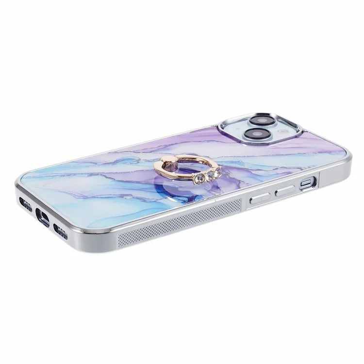For iPhone 14 Case Kickstand PC+TPU Cover Electroplating IMD Marble Pattern Phone Case