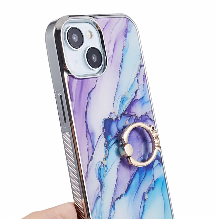 For iPhone 14 Case Kickstand PC+TPU Cover Electroplating IMD Marble Pattern Phone Case