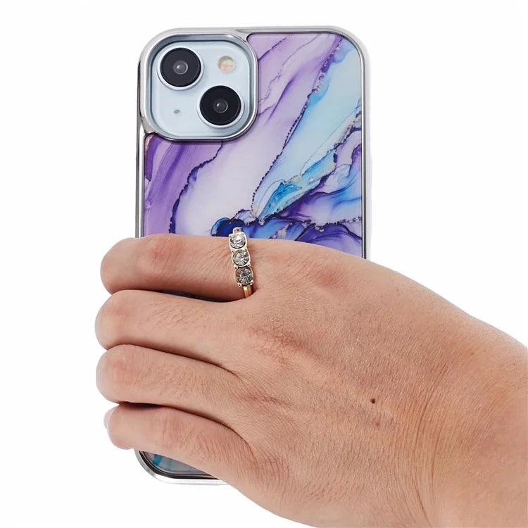 For iPhone 14 Case Kickstand PC+TPU Cover Electroplating IMD Marble Pattern Phone Case