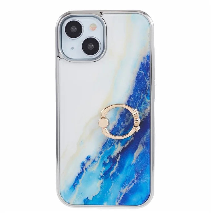 For iPhone 14 Case Kickstand PC+TPU Cover Electroplating IMD Marble Pattern Phone Case