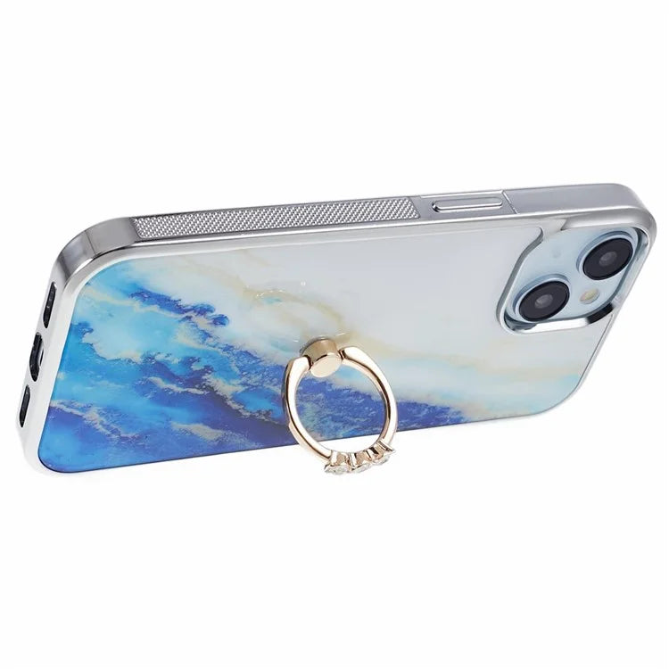 For iPhone 14 Case Kickstand PC+TPU Cover Electroplating IMD Marble Pattern Phone Case