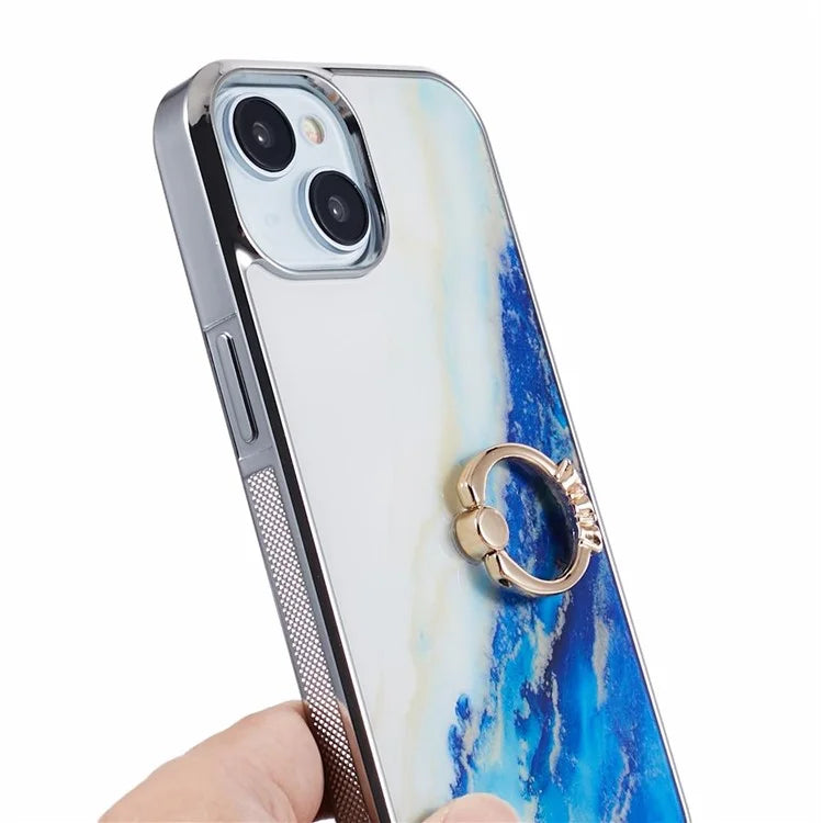 For iPhone 14 Case Kickstand PC+TPU Cover Electroplating IMD Marble Pattern Phone Case