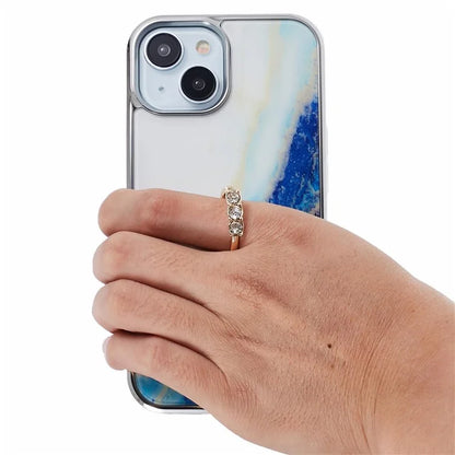 For iPhone 14 Case Kickstand PC+TPU Cover Electroplating IMD Marble Pattern Phone Case