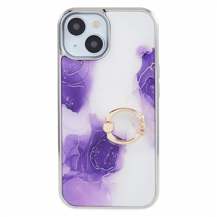 For iPhone 14 Case Kickstand PC+TPU Cover Electroplating IMD Marble Pattern Phone Case