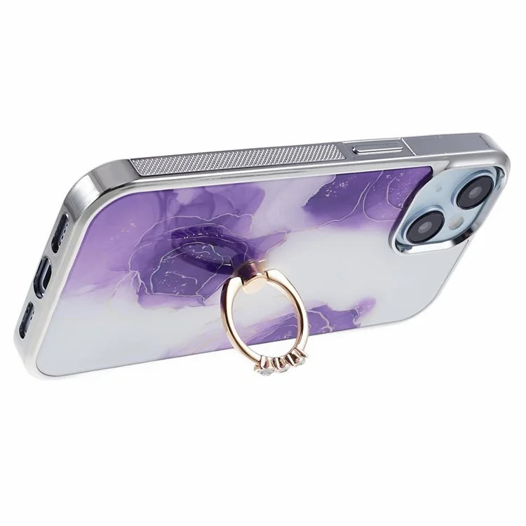 For iPhone 14 Case Kickstand PC+TPU Cover Electroplating IMD Marble Pattern Phone Case