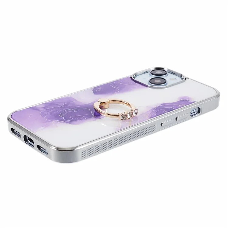 For iPhone 14 Case Kickstand PC+TPU Cover Electroplating IMD Marble Pattern Phone Case