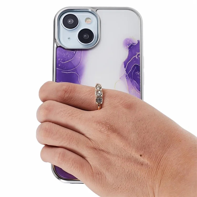 For iPhone 14 Case Kickstand PC+TPU Cover Electroplating IMD Marble Pattern Phone Case
