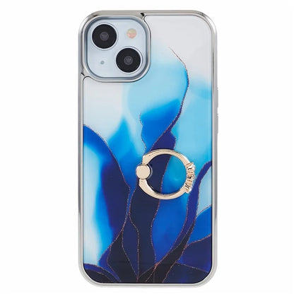 For iPhone 14 Case Kickstand PC+TPU Cover Electroplating IMD Marble Pattern Phone Case